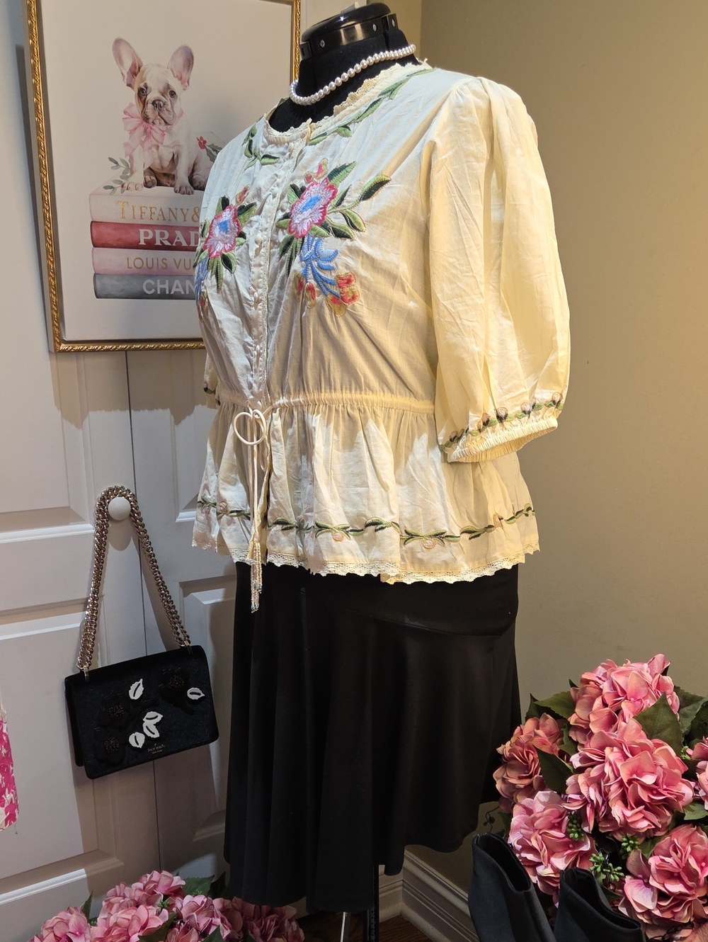Nwt XL,L,M Jennifer&Grace Embroidered Cream/yellow  Peplum Tie-Waist Blouse - Picture 13 of 17
